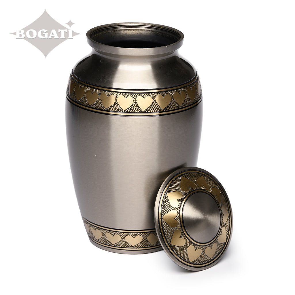 ADULT Brass Urn -2263- Brushed Pewter with Brass Hearts