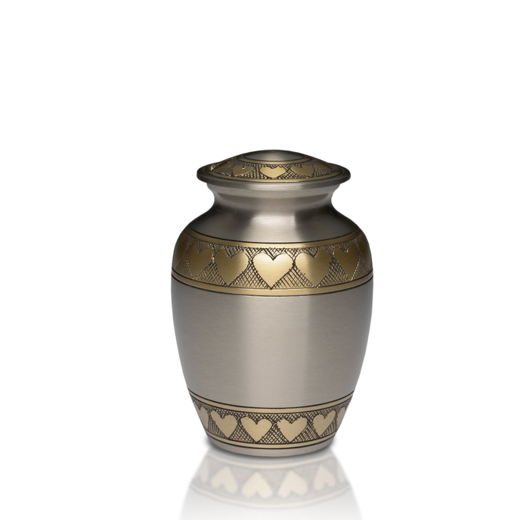 SMALL Brass Urn -2263- Brushed Pewter with Brass Hearts