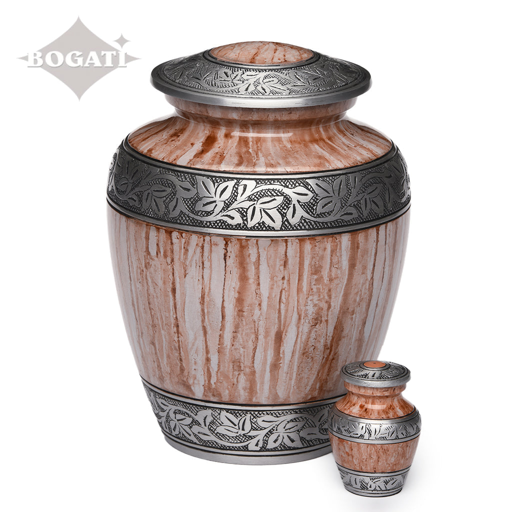 ADULT -Classic Alloy Urn -3251– Washed Brown & White - Leaves and Vines