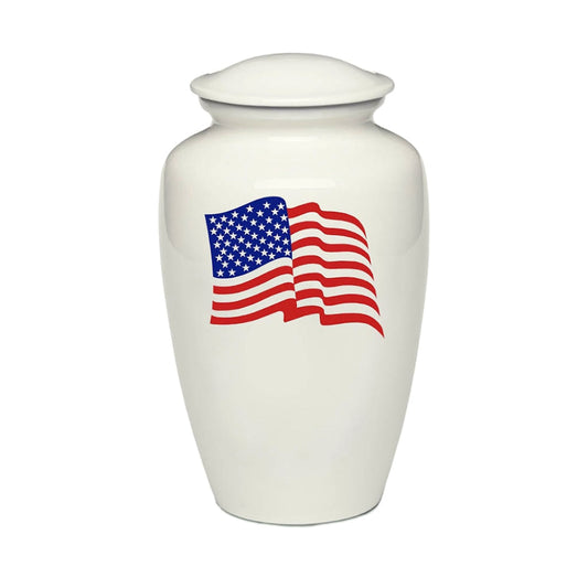 ADULT -Classic Alloy Urn - 4000 – WHITE with AMERICAN FLAG