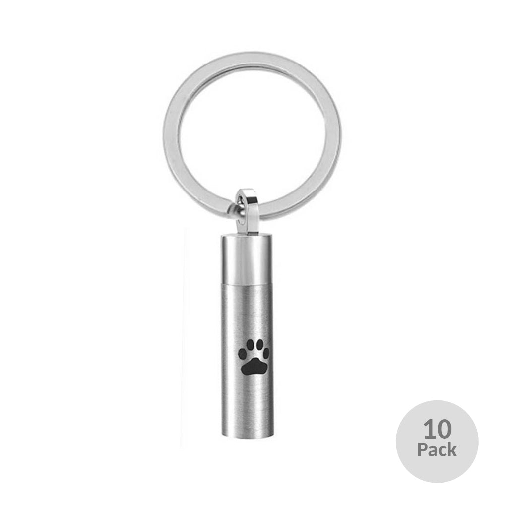 J-016 - Cylinder with Black Paw Print - Silver-tone - Keychain - Pack of 10