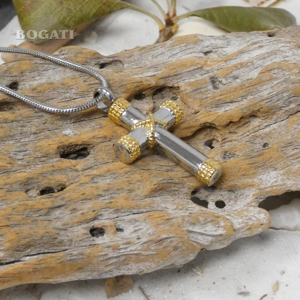J-044 Silver Cross with Golden Rope