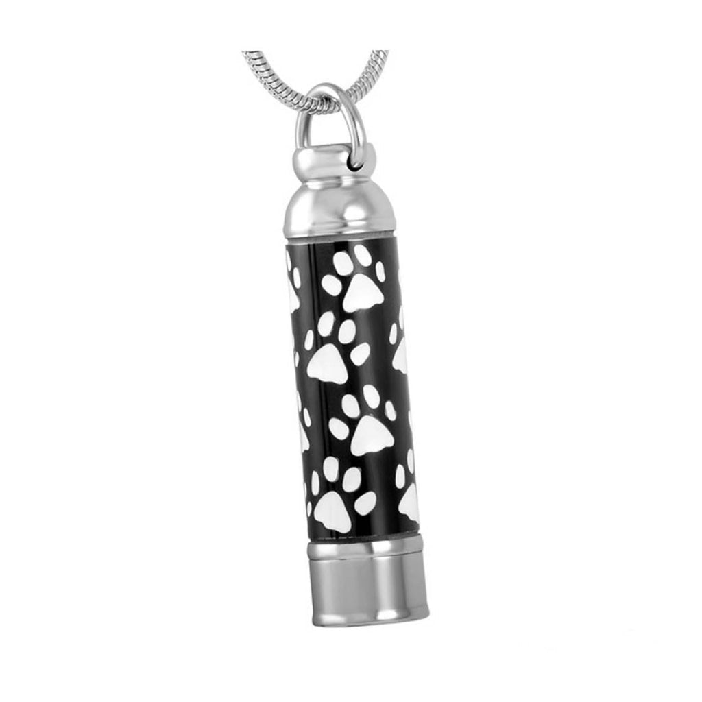 J-076 - Black Banded Cylinder with White Paw Prints - Pendant with Chain