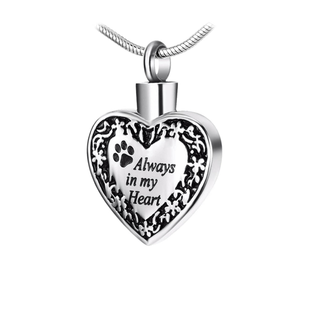 J-084 - Banded Heart with Paw Print “Always in my Heart” - Silver-tone - Pendant with Chain