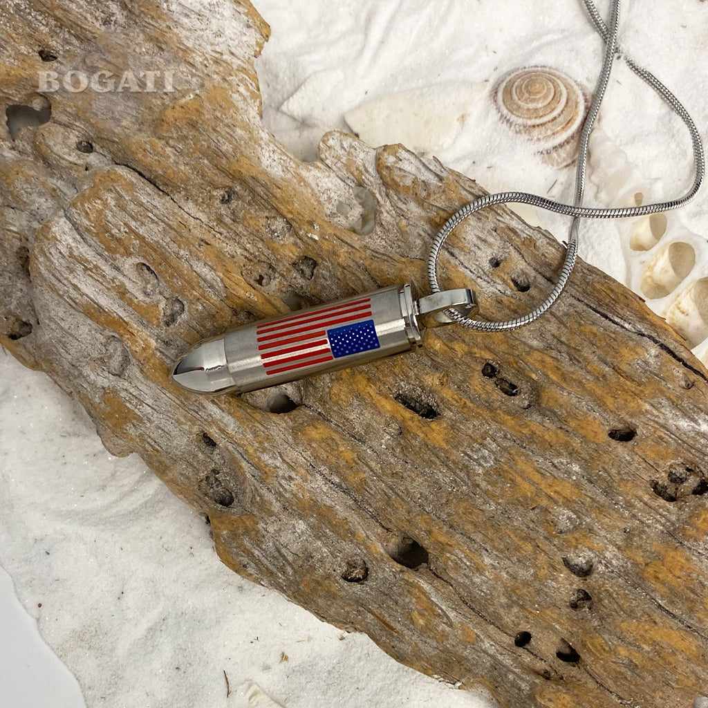 J-1036 - American Flag Bullet - Silver-tone - Pendant with Chain