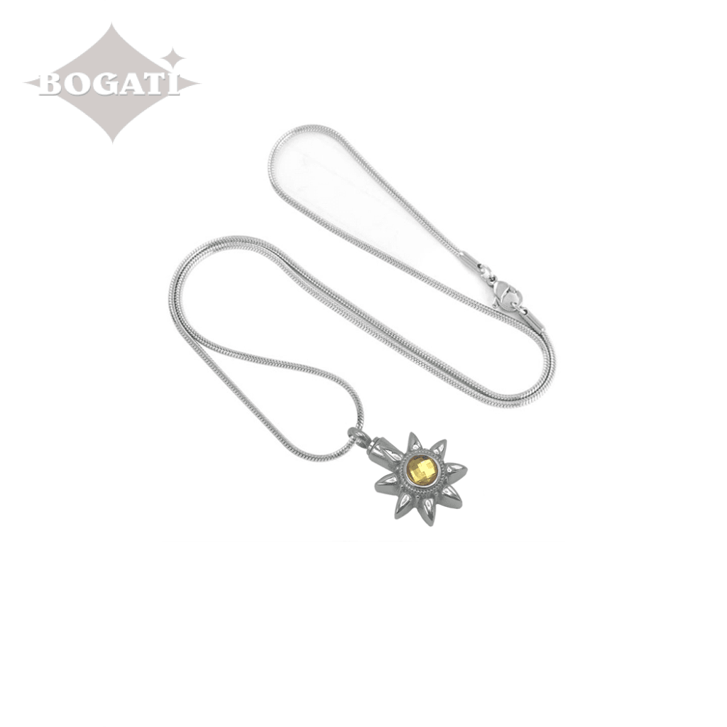 J-128 - Summer Sun with Yellow Stone - Silver-tone - Pendant with Chain