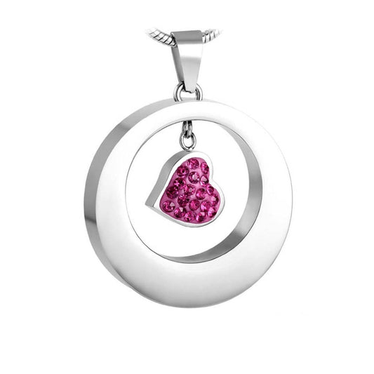 J-152 - Circle with Pink Heart - Silver-tone - Pendant with Chain
