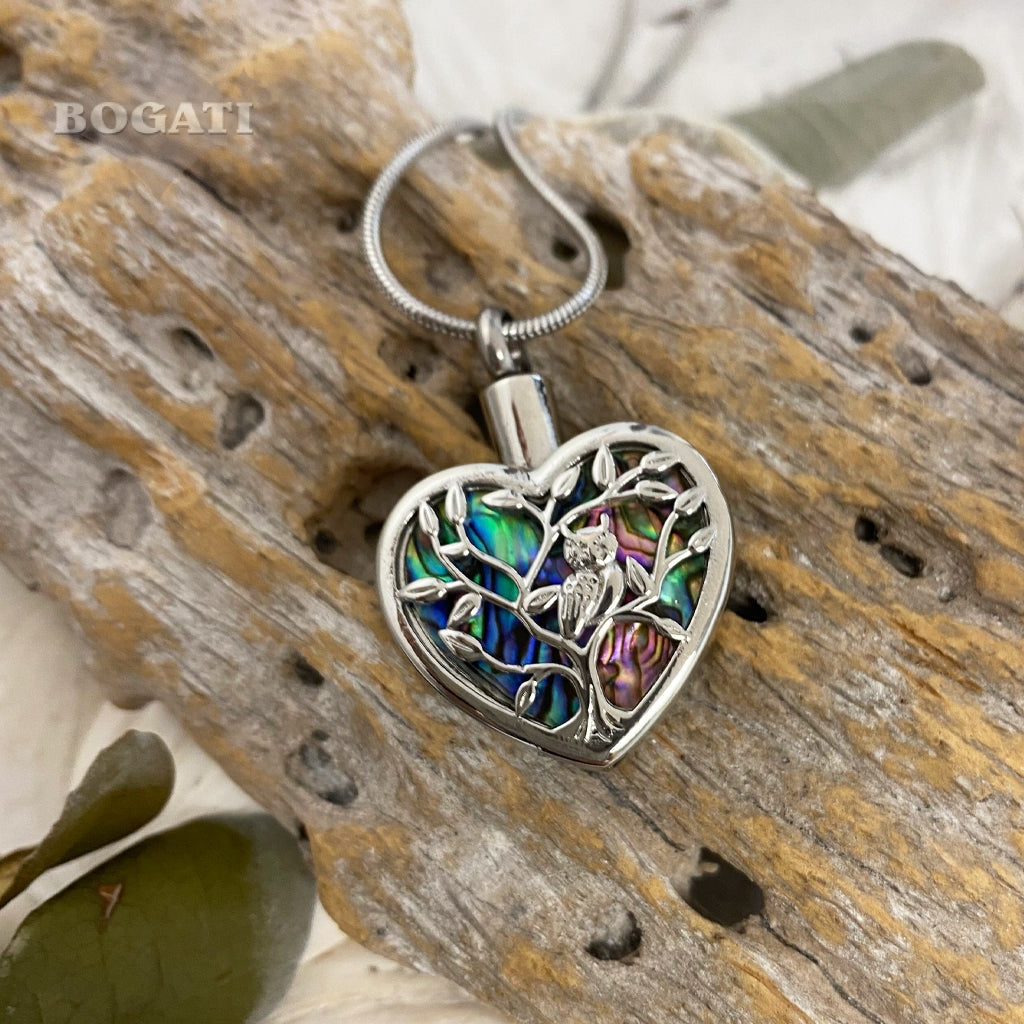J-2116 - Owl on Abalone Heart - Pendant with Chain
