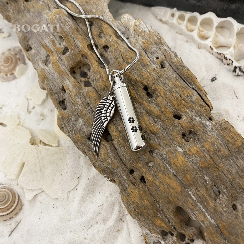 J-525 Cylinder with Paw Prints and Wing – Pendant with Chain