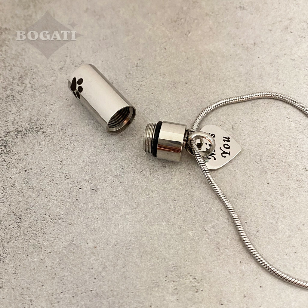 J-937 - Paw Print Cylinder with Heart Charm - Silver-tone - Pendant with Chain