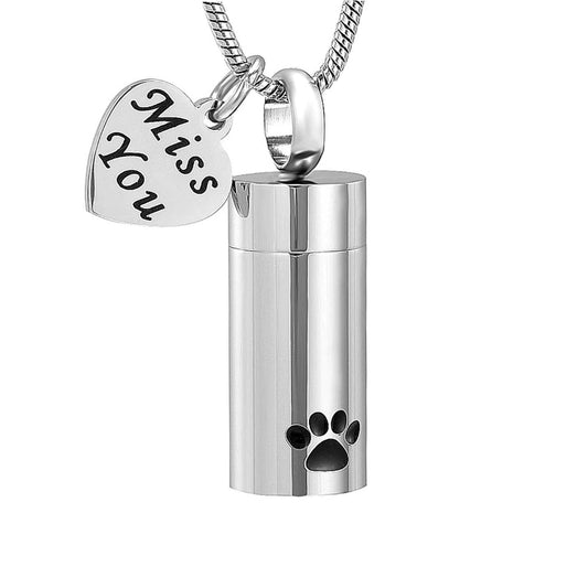 J-937 - Paw Print Cylinder with Heart Charm - Silver-tone - Pendant with Chain