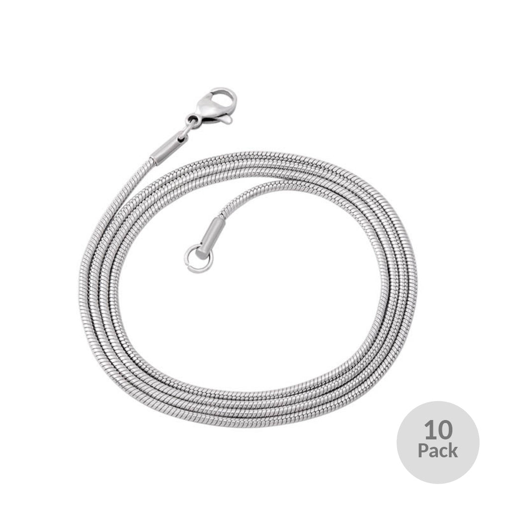 Silver-tone Snake Chain - 1.2mm x 22″ Length – 10-pack