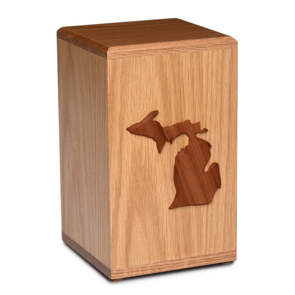 ADULT Solid Oak Tower Urn with Artisan Applique - State Pride - Michigan