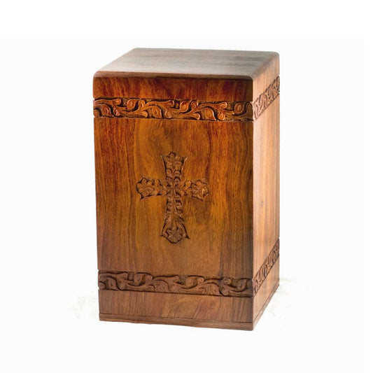 ADULT - Rosewood Tower Urn with Hand-Carved Cross Design