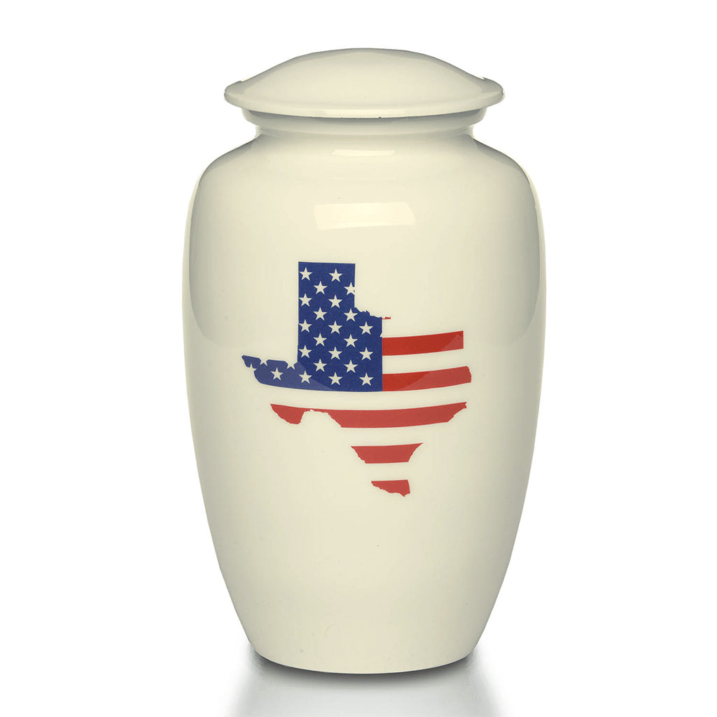 ADULT -Classic Alloy Urn -4000– WHITE with TEXAS & AMERICAN FLAG