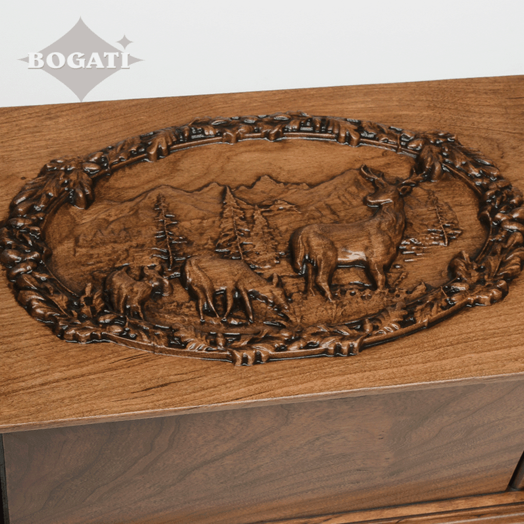 ADULT - Cherry Wood Handmade Carved Urn with Elk Mountain Scene
