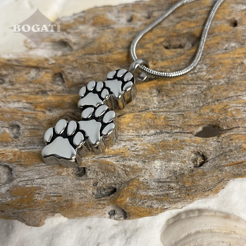 J-103 - Four Paw Print Tracks - Silver-tone - Pendant with Chain