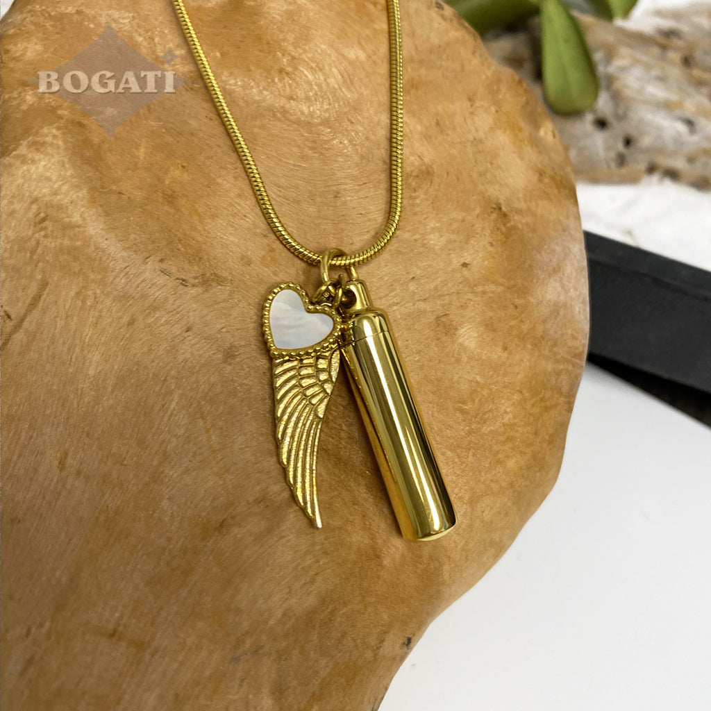 J-204 -  Gold-tone Cylinder with Angel Wing and Mother of Pearl Heart - Pendant with Chain