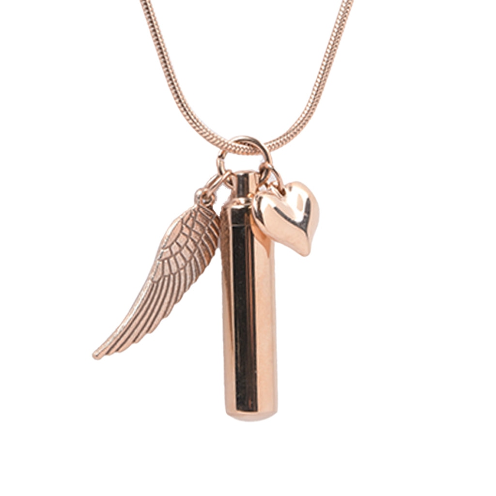 J-205 - Rose Gold-tone Cylinder with Angel Wing and Heart - Pendant with Chain