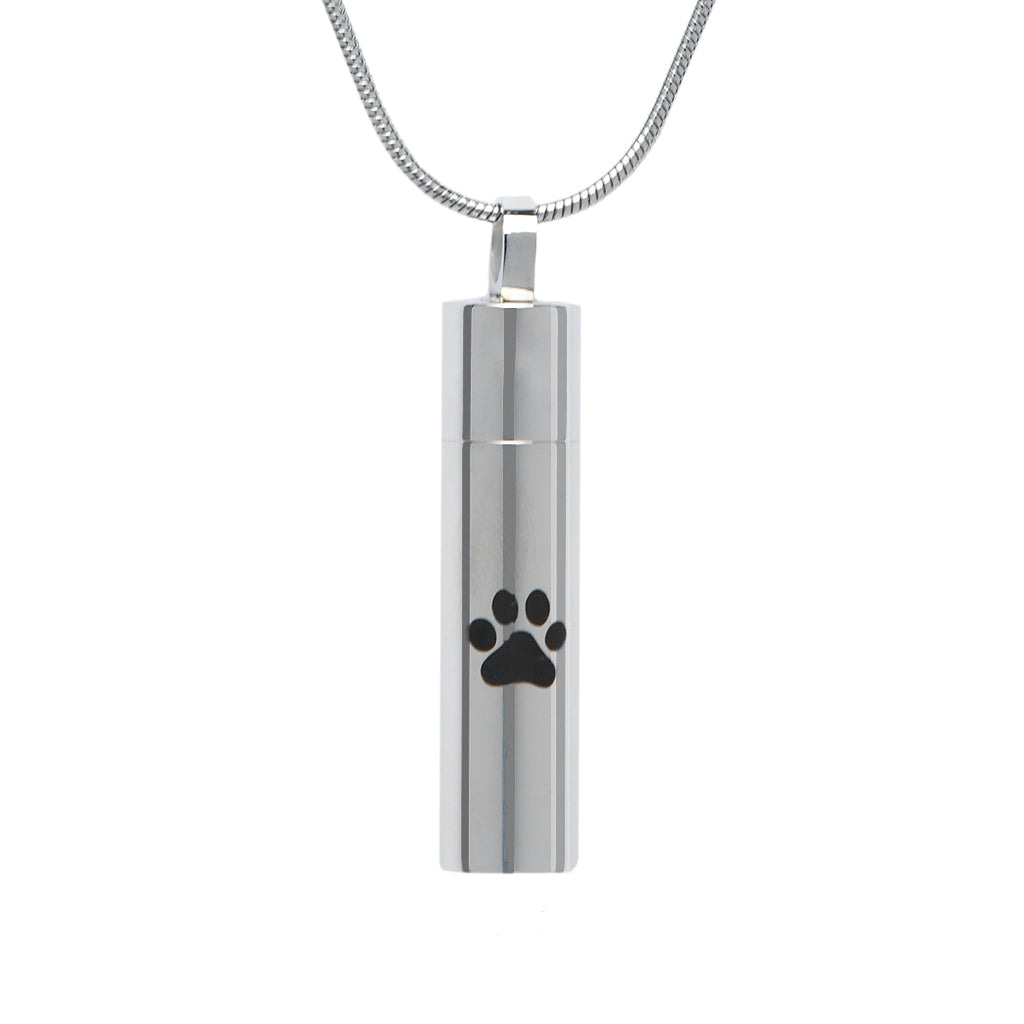 J-016 -Cylinder with Black Paw Print - Silver-tone - Pendant with Chain